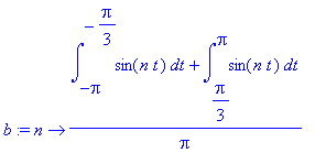 b := proc (n) options operator, arrow; 1/Pi*(int(sin(n*t),t = -Pi .. -1/3*Pi)+int(sin(n*t),t = 1/3*Pi .. Pi)) end proc